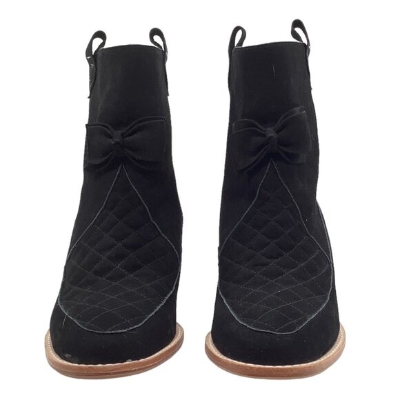 F TROUPE London 37 Quilted Suede Heeled Boots US 6.5 - 7 Bow Ankle Block Heel - Picture 3 of 10